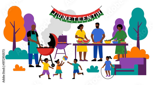 African American Family Celebrating Juneteenth BBQ Flat Illustration