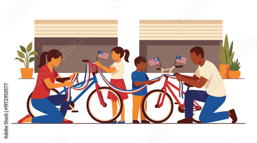 Family Decorating Bicycles for Fourth of July Celebration