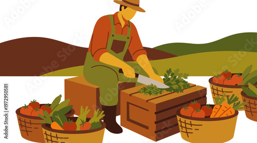 Farmer Preparing Freshly Harvested Organic Vegetables Illustration