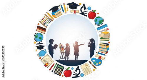 Education Circle with Children and Learning Icons.