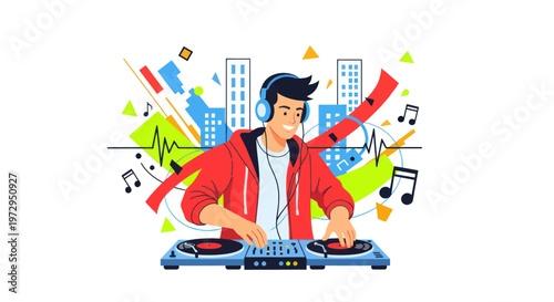 DJ Playing Music with Headphones and Turntables
