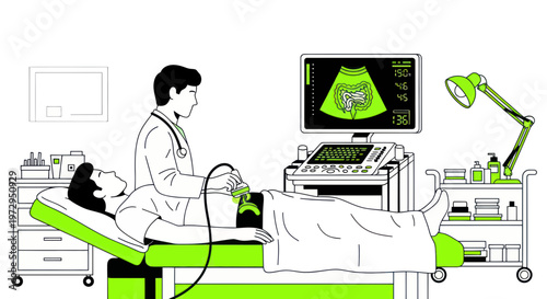 Doctor performing ultrasound on patient in medical examination room.