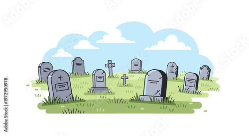 Graveyard Scene with Tombstones and Crosses on a Sunny Day