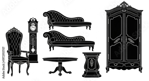 Elegant Antique Furniture Collection - Armchair, Clock, Chaise Lounges, Table, Pedestal, and Wardrobe.