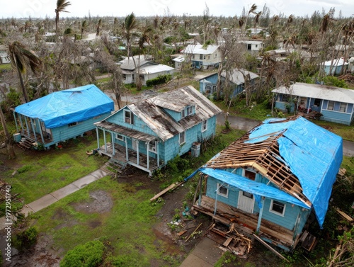 Aerial view of houses with blue tarps covering damaged roofs after a hurricane.