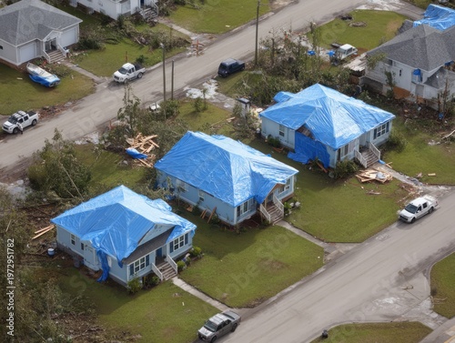 Aerial View of Homes with Blue Tarps After Hurricane Damage.
