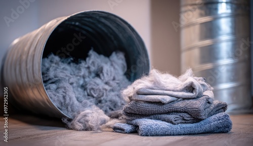 Accumulation of Dryer Lint and Folded Clothes Next to Metal Ducting.
