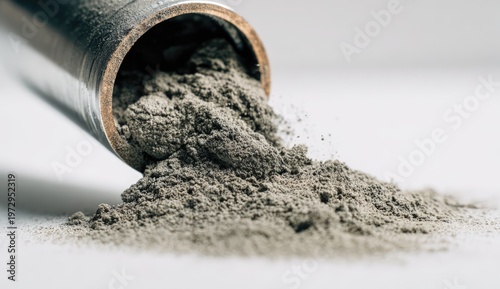 Close-up of Cement Powder Pouring from a Pipe on a White Surface.