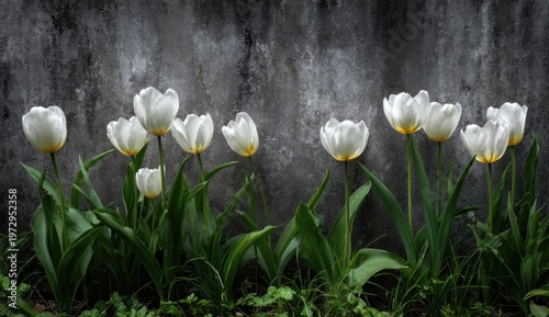A Cluster of Delicate White Tulips Blooms Against a Textured Gray Wall.