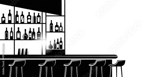Elegant Bar Interior with Bottles and Stools in Black and White.