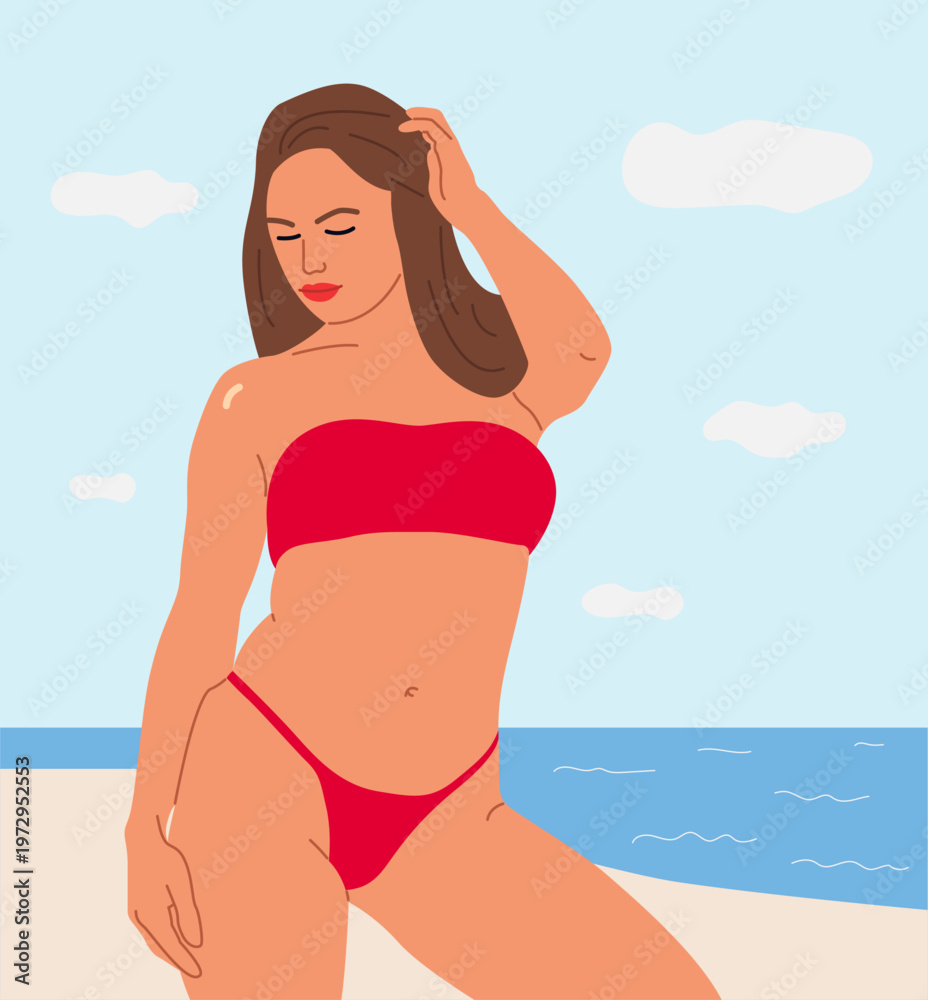 Fototapeta premium Woman in red bikini posing on a beach with blue sky and ocean background