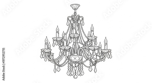 Elegant Crystal Chandelier - A Detailed Line Art Illustration.