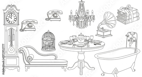 Elegant Furniture Collection - Grandfather Clock, Chaise Lounge, Chandelier, and More.