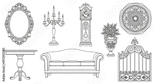 Elegant furniture collection featuring a sofa, mirror, and grandfather clock.