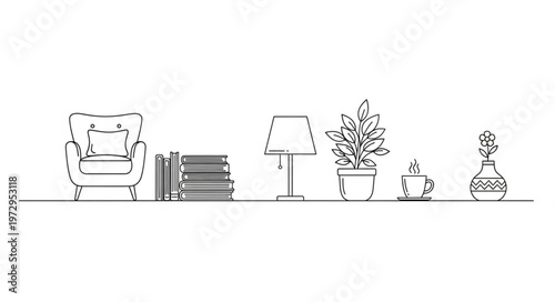 Elegant Living Room Decor - Armchair, Books, Lamp, and Plants.