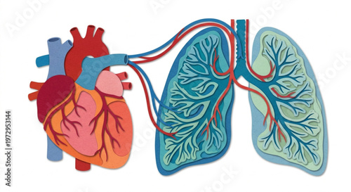 Anatomical vector illustration of human heart and lungs in paper cut style, respiratory and circulatory system isolated on white background.
