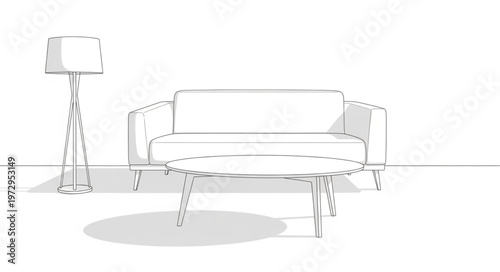 Elegant Living Room Furniture Sketch with Floor Lamp and Sofa.