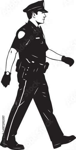 Black and white of police officer walking right