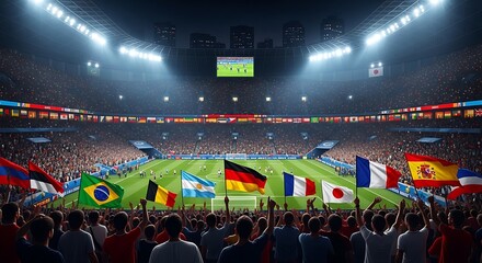 World Cup atmosphere, packed international stadium, flags from various countries, global competitive spirit, intense lighting, cinematic style, high definition.
