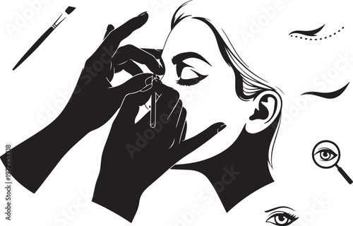 Black and white of woman getting eyelashes applied
