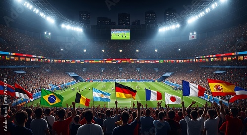 World Cup atmosphere, packed international stadium, flags from various countries, global competitive spirit, intense lighting, cinematic style, high definition.