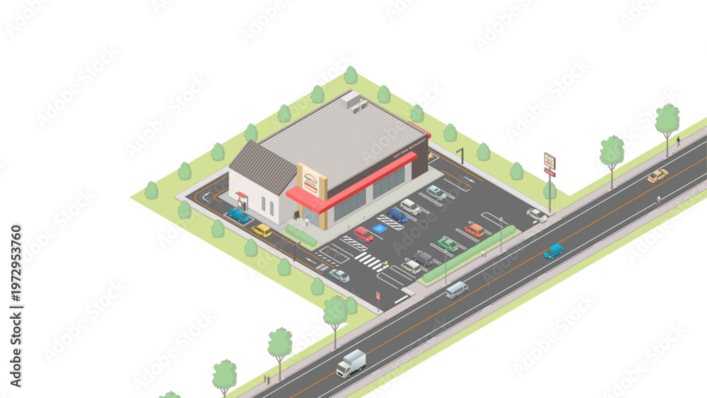 Fototapeta premium アイソメトリック図法で描いたファーストフード店のイメージ / Fast food restaurant. Isometric illustration