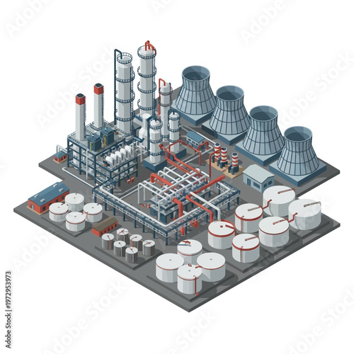 Industrial Oil Refinery Complex with Cooling Towers and Storage Tanks.