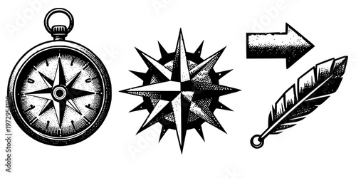 Compass Rose Tattoo Art, Stylized tattoo compass rose with bold spiked points