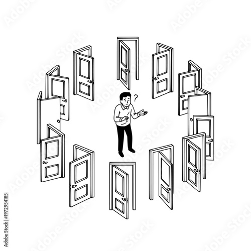 Man surrounded by multiple open doors with question mark vector illustration
