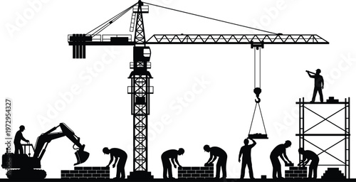 Black Silhouette of Busy Construction Site with Tower Crane Excavator and Workers Building Brick Walls Isolated on White Background for Industrial Projects