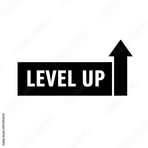 Black and white vector graphic illustration of a level up concept with an arrow pointing upwards, symbolizing success, progress, and achievement in business, marketing, or gaming.