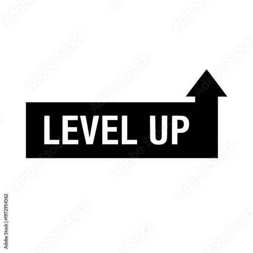Modern vector graphic design element featuring a black level up concept with a white text and an upwards pointing arrow, symbolizing progress and achievement.
