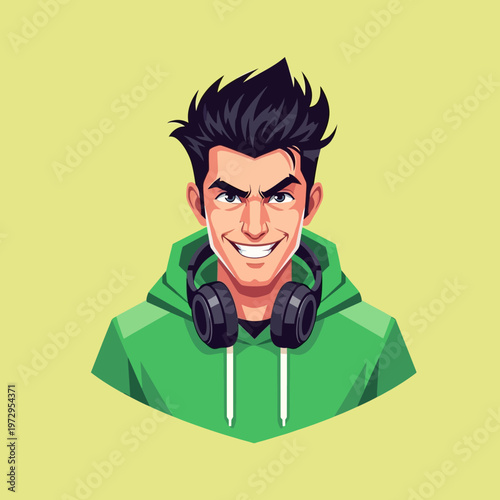 Cartoon Man Wearing Green Hoodie Headphones.