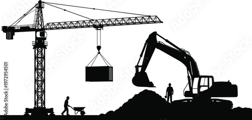 Black Silhouette of Construction Site with Large Tower Crane Excavator and Workers Digging Soil Isolated on White Background for Industrial Projects