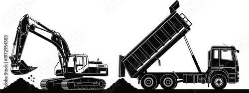Black Silhouette of Construction Excavator Digging Earth and Dump Truck Unloading Sand on Isolated White Background for Industrial Building Projects