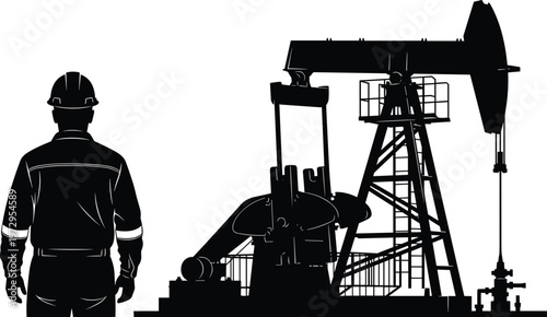 Black silhouette of oil rig pump jack and industrial worker in helmet standing on petroleum extraction field over white background