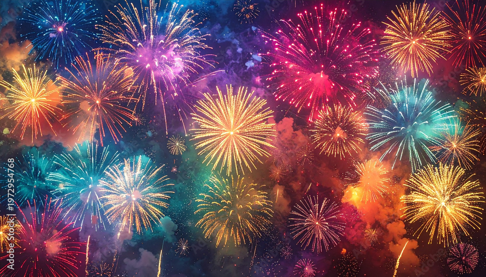 Fototapeta premium 夜空を彩る多彩な花火の乱舞 ティール＆パープルの煙雲背景