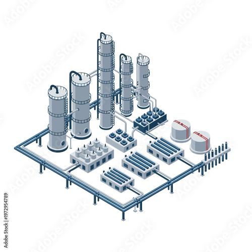 Industrial Oil Refinery Plant with Distillation Towers and Equipment.