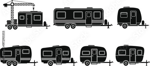 Black silhouette collection of camping trailers motorhomes and mobile site offices for outdoor travel vacation housing and construction site logistics