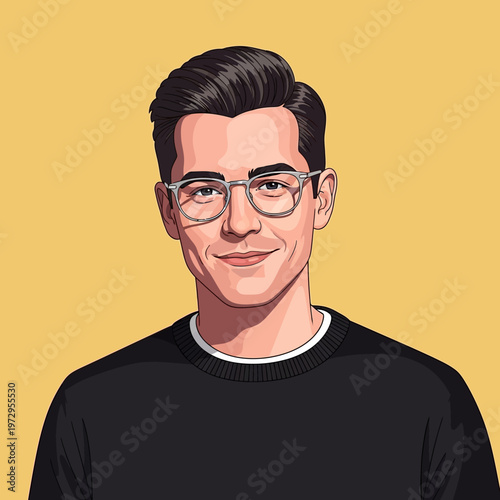 Illustration of a smiling man wearing glasses.