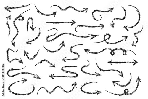 Arrow chalk texture brush vector set. Arrow element line brush hand drawn design