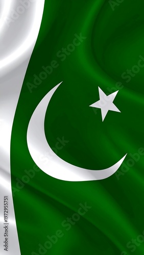 Digital depiction of a flowing national emblem. Predominantly green field with a white crescent and a five-pointed star. White vertical bar