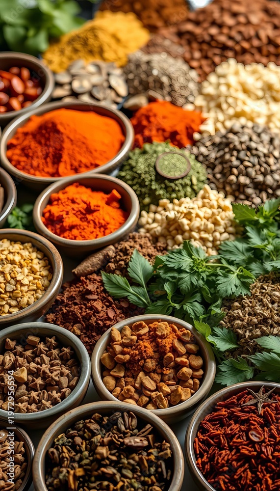 Fototapeta premium A collection of exotic spices and herbs in small bowls, creating an aromatic and colorful display for culinary inspiration, appetizing, sensory experience