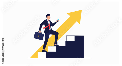 A businessman wearing a dark suit and red tie climbs a series of blue stairs while holding a black briefcase and looking at his mobile phone.