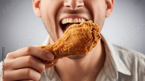 Person preparing to eat a delicious crispy fried chicken drumstick with a wide smile