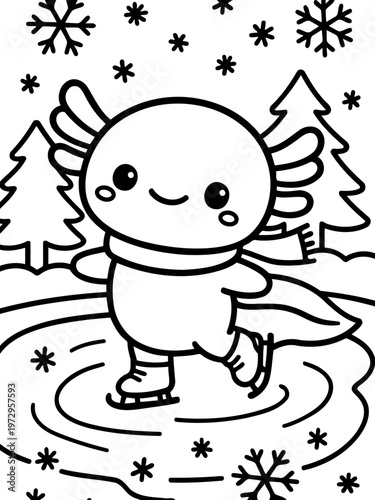 Axolotl Ice Skating: A charming axolotl takes to the ice, gliding gracefully on skates amidst a flurry of snowflakes and winter wonderland. It is a sweet and whimsical image.