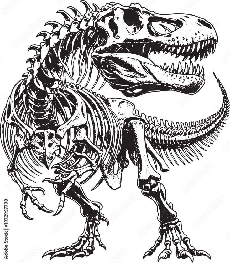 Fototapeta premium Illustration of a dinosaur skeleton in an aggressive pose.