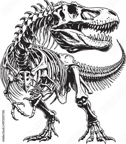 Illustration of a dinosaur skeleton in an aggressive pose.