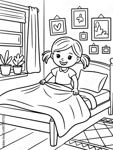 Bedtime Ritual: A sweet, tidy child makes their bed in a cozy bedroom setting, emphasizing the importance of neatness and the joy of a peaceful morning.
