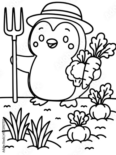Farmer Penguin's Bounty: A charming penguin, donning a straw hat, proudly displays the fruits of its labor - freshly harvested carrots, while standing amidst a garden of vegetables.